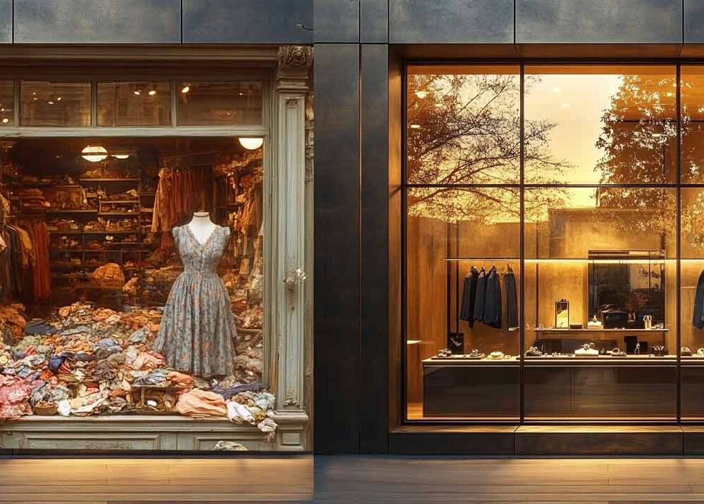 Vitrinas de tiendas de moda en las que se ve el contraste entre el desorden del fast fashion y la organización del lujo asequible, destacando la calidad y elegancia de los productos de gama media-alta.