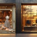 Vitrinas de tiendas de moda en las que se ve el contraste entre el desorden del fast fashion y la organización del lujo asequible, destacando la calidad y elegancia de los productos de gama media-alta.