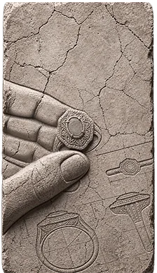 Mano grabada en piedra sosteniendo un anillo junto a bocetos de joyería a medida de NEXO.