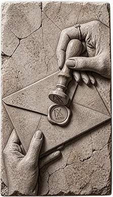 Manos grabadas en piedra sellando una carta con lacre, representación de la comunidad privada Club NEXO.