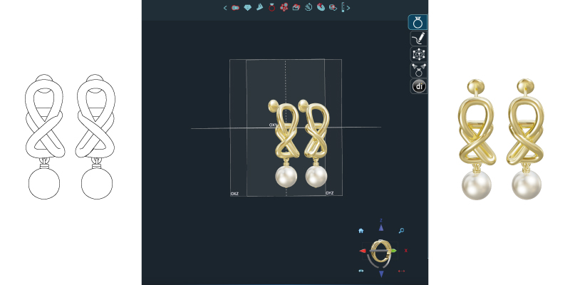 Design 3D di due orecchini in argento sterling placcato oro con perle sferiche