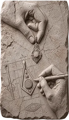Manos grabadas en piedra trabajando sobre una joya artesanal y bocetos durante el proceso de recreación de una joya en NEXO.